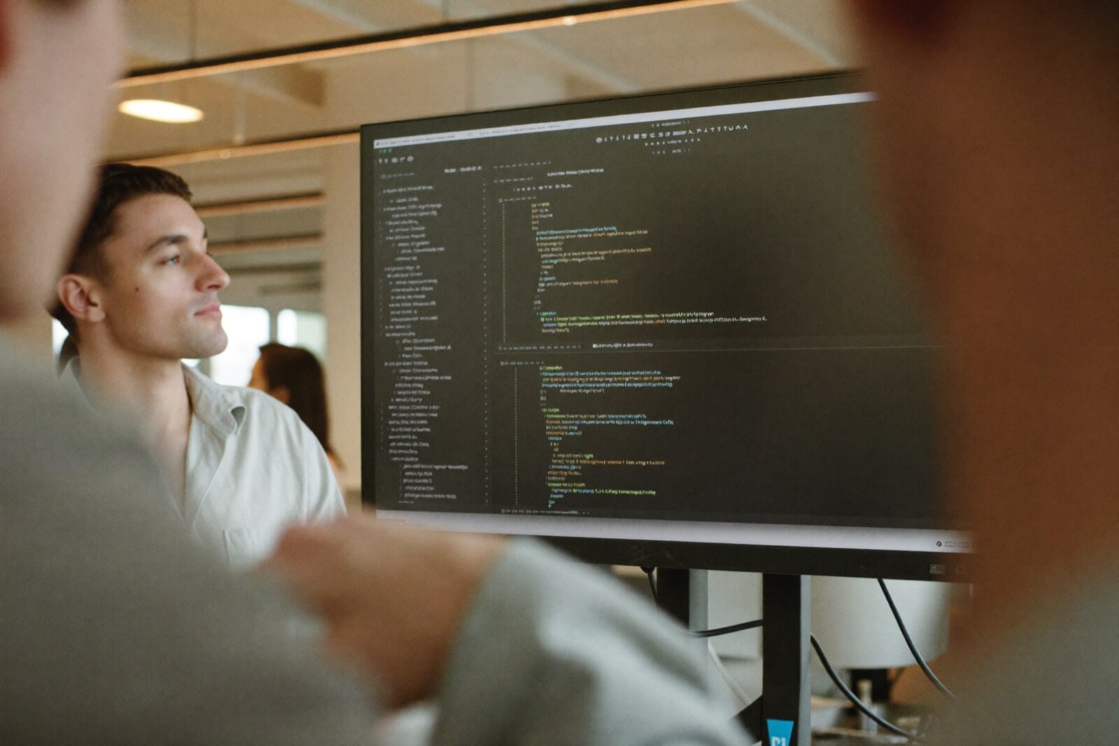 Architecture diagram on a screen showing frontend