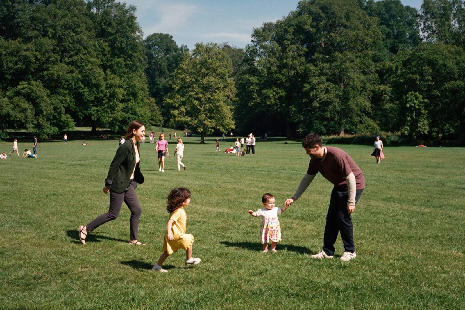 Family feeding ducks by the lake in Sefton Park on a summer evening