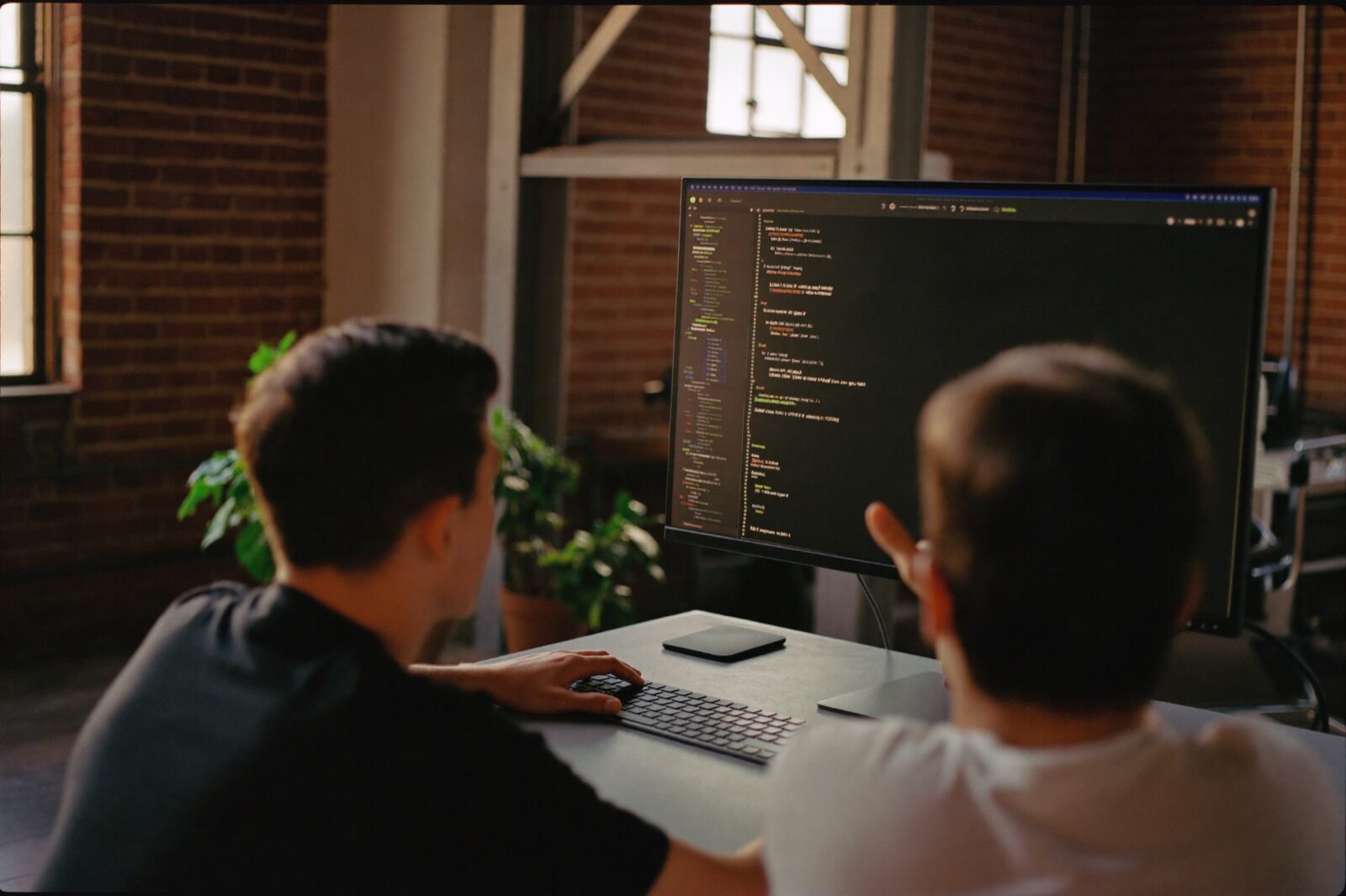 Software engineers pairing at a screen in a converted warehouse office in Liverpool's Baltic Triangle