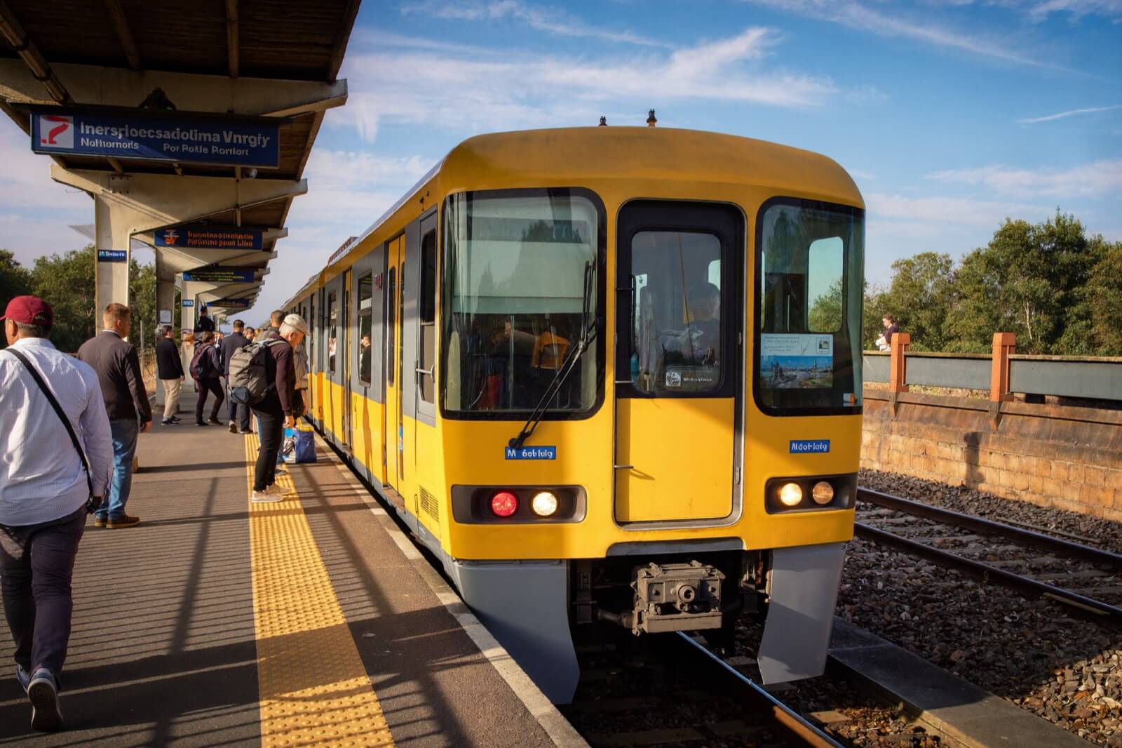 A Merseyrail train arriving at a suburban station platform on the Northern Line near Liverpool