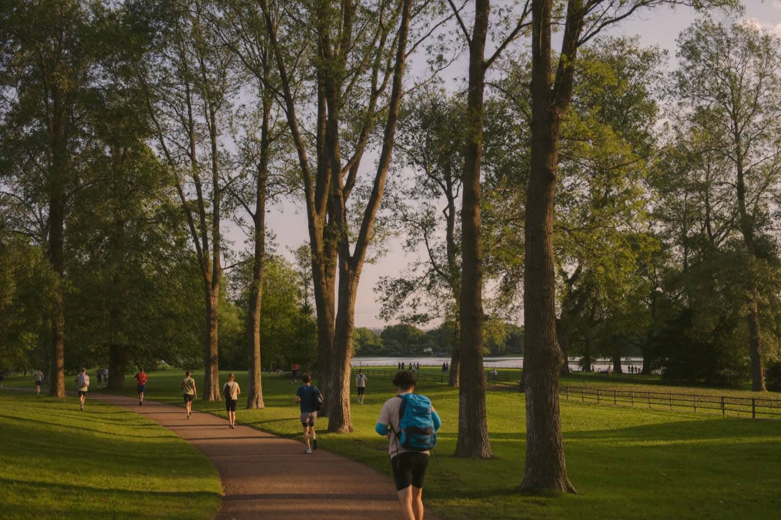 Runner in a purple jacket on a tree-lined path in Sefton Park on a bright Saturday morning